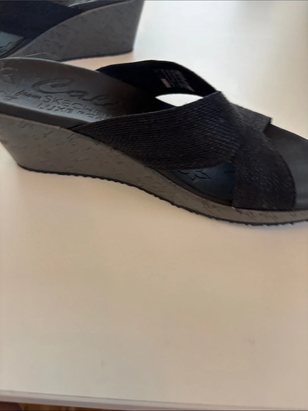 Skechers Black Crisscross Wedge Sandals